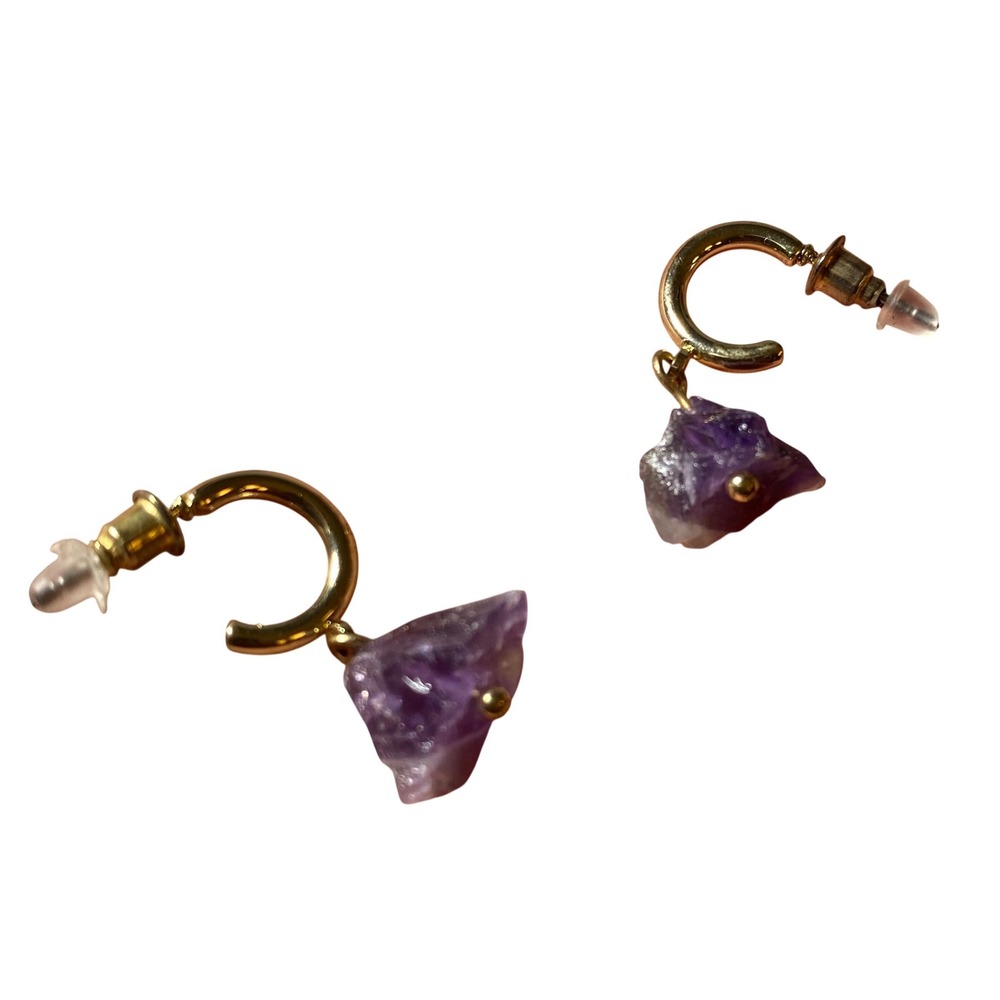 Raw Amethyst Crystal‎ Drop Hoop Earrings Purple Gold Tone Bohemian Jewelry